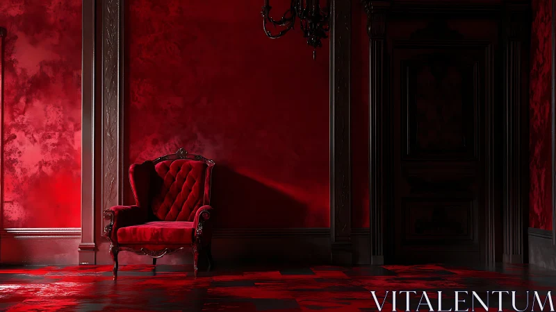 Red velvet armchair in dark baroque style interior room.