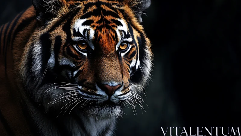 Close-up of tiger face with intense eyes on dark backdrop.