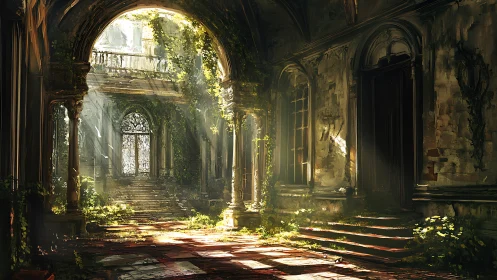 Sunlit overgrown courtyard fills ruined stone arcade.