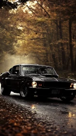 Vintage black muscle car on wet forest road at dusk.