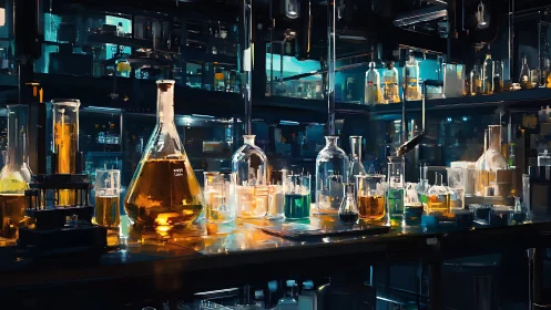 Futuristic chemistry lab with glowing glass flasks at night.