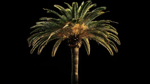 Isolated date palm canopy illuminated by upward artificial lighting