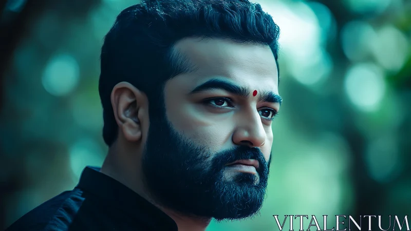 Bearded man with tilak in softly blurred outdoor setting.