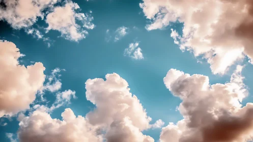 Fluffy White Clouds Against a Bright Blue Sky, Realistic Style.