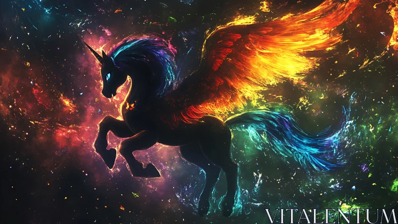 Starlit firewing unicorn gliding through glowing cosmic clouds.