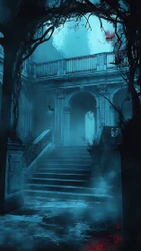 Haunted neoclassical courtyard staircase in cyan mist.