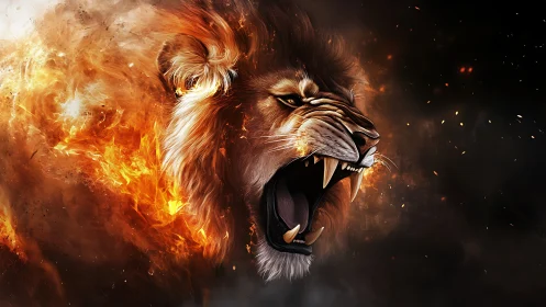 Roaring lion head merges with dynamic fire and particulate embers