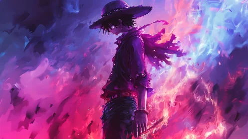 Solitary anime swordsman immersed in bifurcated neon flames