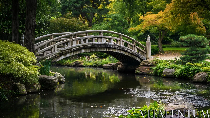 Wooden arched bridge over pond in lush green garden.