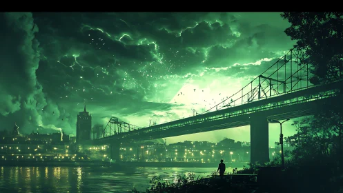 Green lit city bridge under stormy glowing night sky.