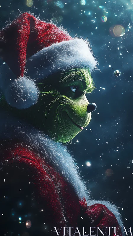 Mischievous green Christmas trickster smiles in snowy night