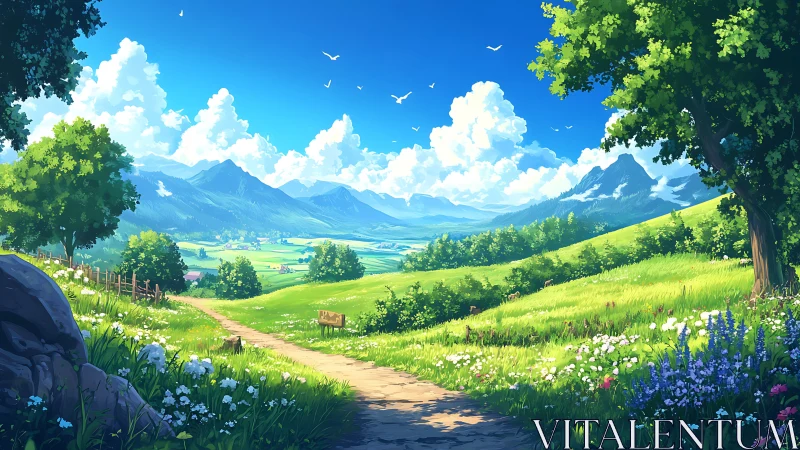 Sunlit rural valley path rendered with high-saturation digital painting