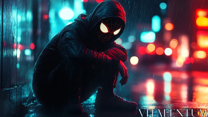 Hooded street vigilante crouches in neon rain-soaked city.