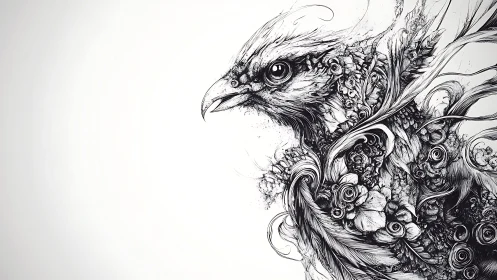 Intricate ink illustration of a bird with floral and feather details.