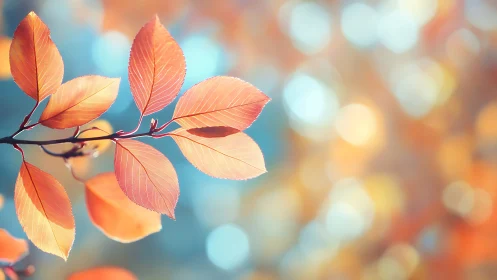 Soft autumn leaves glow against dreamy bokeh light background