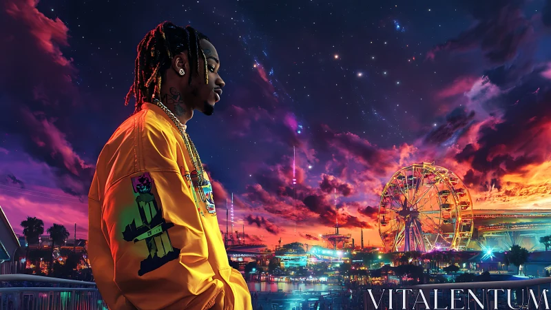 Vivid urban dreamscape portrait under neon carnival sky.