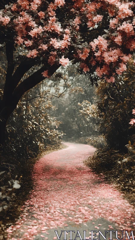 Curved garden path is covered by dense pink flower petals