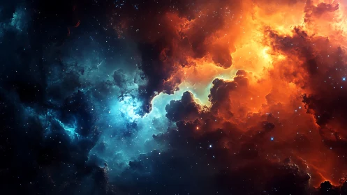 Vivid blue and orange cosmic nebula cloud formation.