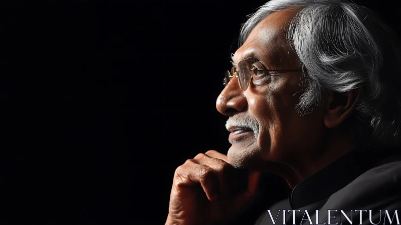 Elderly man in profile against dark background in thought.