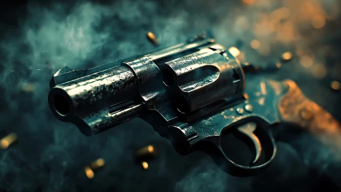 Photorealistic revolver close-up with cinematic depth of field.