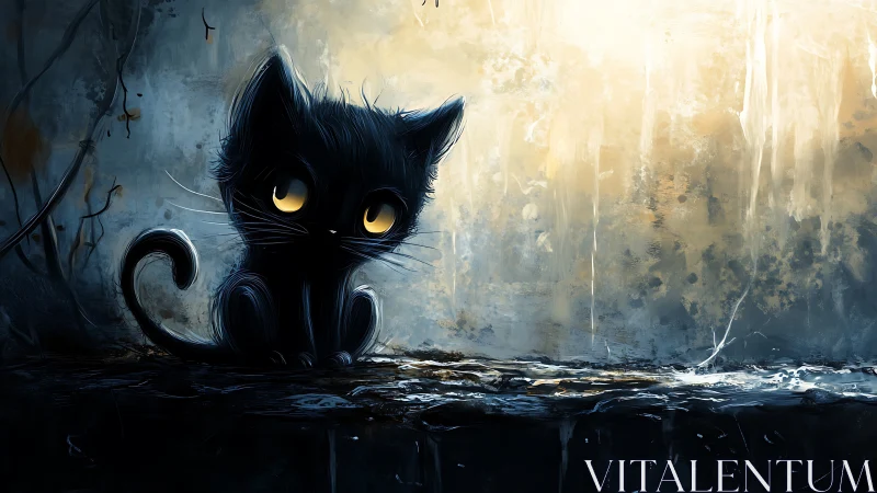Small black kitten in glowing misty alley light.
