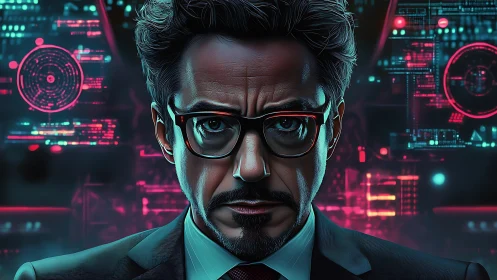 Cybernetic strategist portrait with neon HUD interface overlays