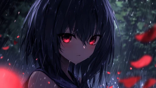 Dark haired anime girl with red eyes stands in falling rain