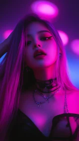 Portrait shows stylized female subject in magenta neon lighting