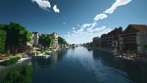 Voxel waterfront town with river, trees and low buildings.