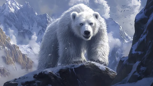 Polar bear on rocky snow ridge in high mountain range.