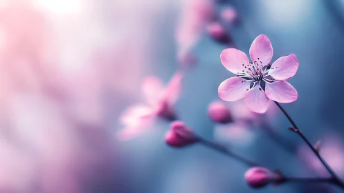 Delicate Pink Petals Dancing in Soft Blue Dreamy Light.