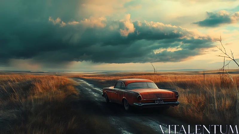 Old car on rural dirt road under dense storm clouds.