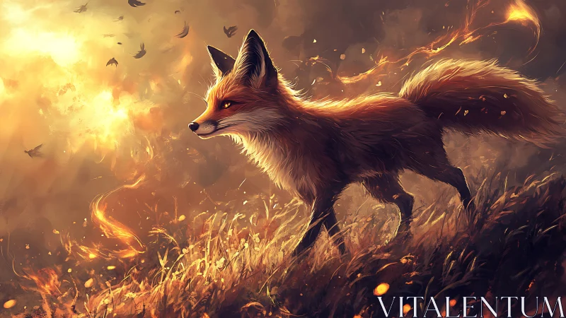 Fox of embered dusk threads firelit paths through wild grass