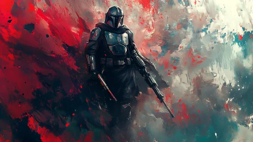 Armored bounty hunter amid turbulent abstract nebulae.