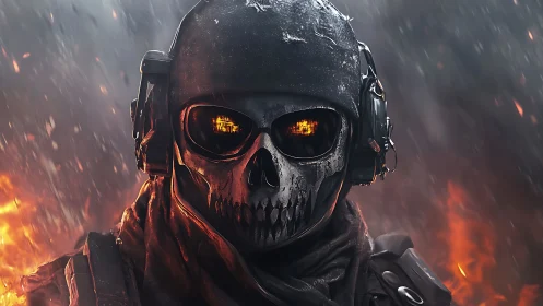 Armored skull-masked soldier advances through blazing chaos