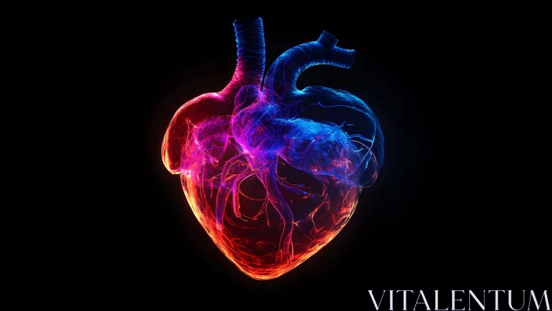 Glowing Anatomical Heart in Neon Colors on Black Background.