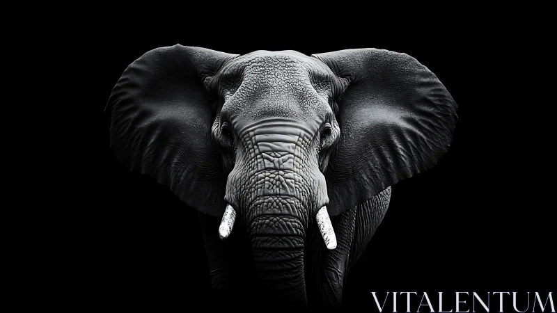 Monochrome elephant portrait with dramatic frontal lighting.