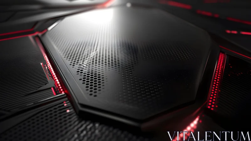 Futuristic black tech panel with red LED accents and metallic finish.