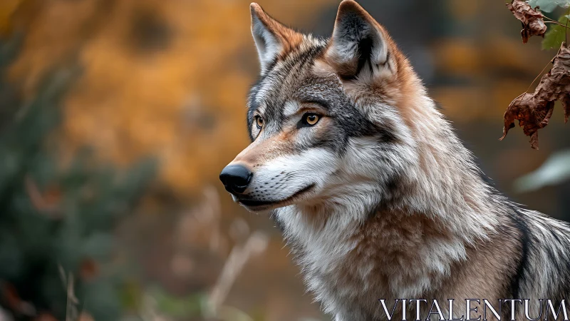Golden-eyed wolf watching autumn forest quietly.