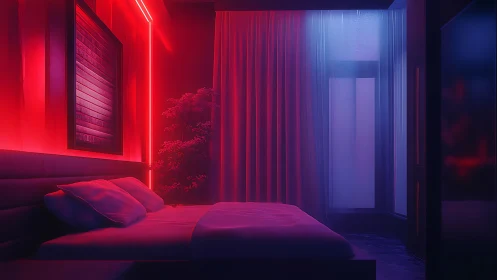 Moody modern bedroom with red and blue neon lighting.