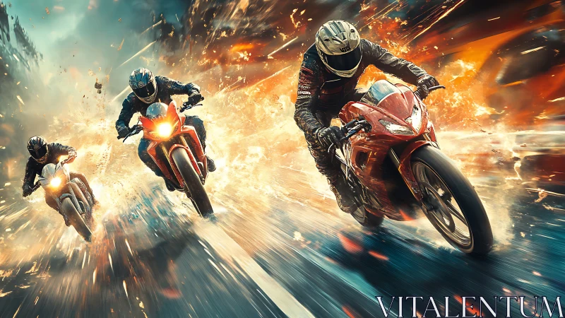 Racing superbikes explode through fire and sparks at full speed