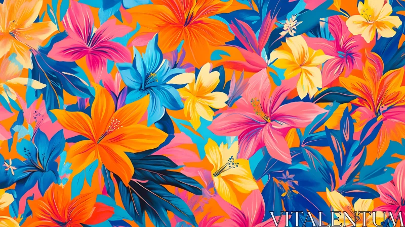 Vibrant tropical floral pattern with layered blooms.