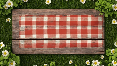 Red checkered wood panel on grass with white daisies border.