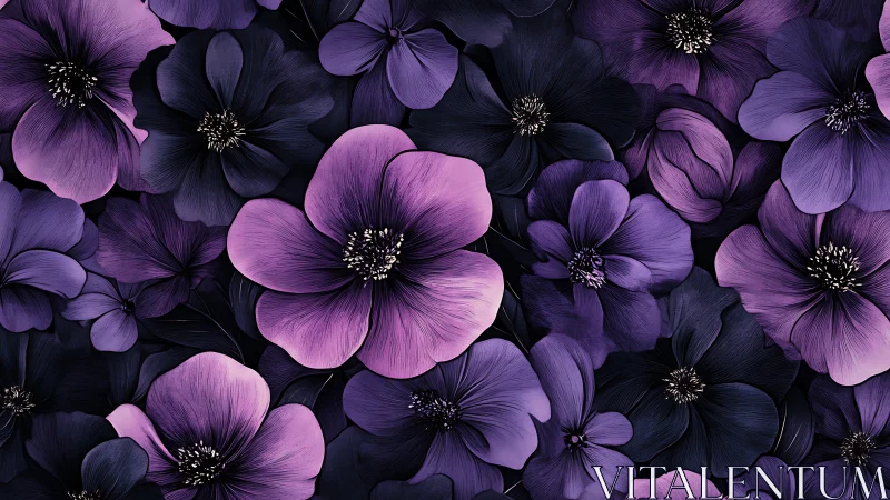 Purple and Black Floral Composition with Dimensional Depth.