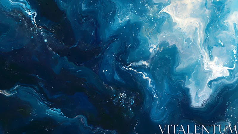 Cosmic ocean of swirling blue nebulae and radiant light.