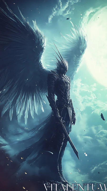 Celestial warrior angel rises through stormlit teal skies.