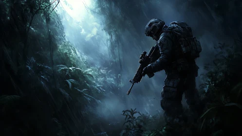 Digital painting of tactical soldier in rain-soaked jungle recesses.
