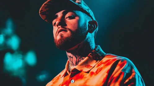 Low-key stage portrait under cyan and amber split lighting