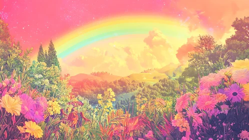 Hyper-saturated floral valley landscape under spectral rainbow