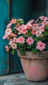 Pink geranium blooms flourish in terracotta pot against turquoise backdrop.